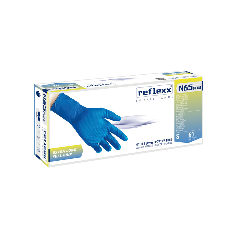 Confezione 50 Guanti in nitrile N65 Plus - Manichetta Extra Long - Senza Polvere - Blu
