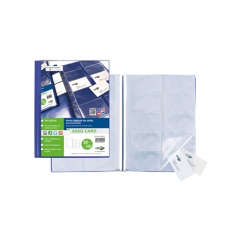 Porta biglietti da visita Asso Card - 21 x 29,7 cm - 10 buste con 10 tasche ciascuna - blu