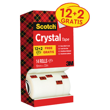 Nastro adesivo Scotch Crystal 600 - 19 mm x 33 m - acrilico - trasparente - Value Pack 12+2 rotoli