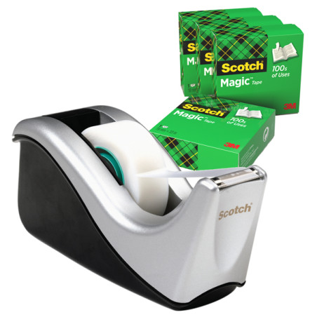 Dispenser C60 - per nastri 33 m - 4 rotoli Scotch Magic 810 inclusi - nero/argento