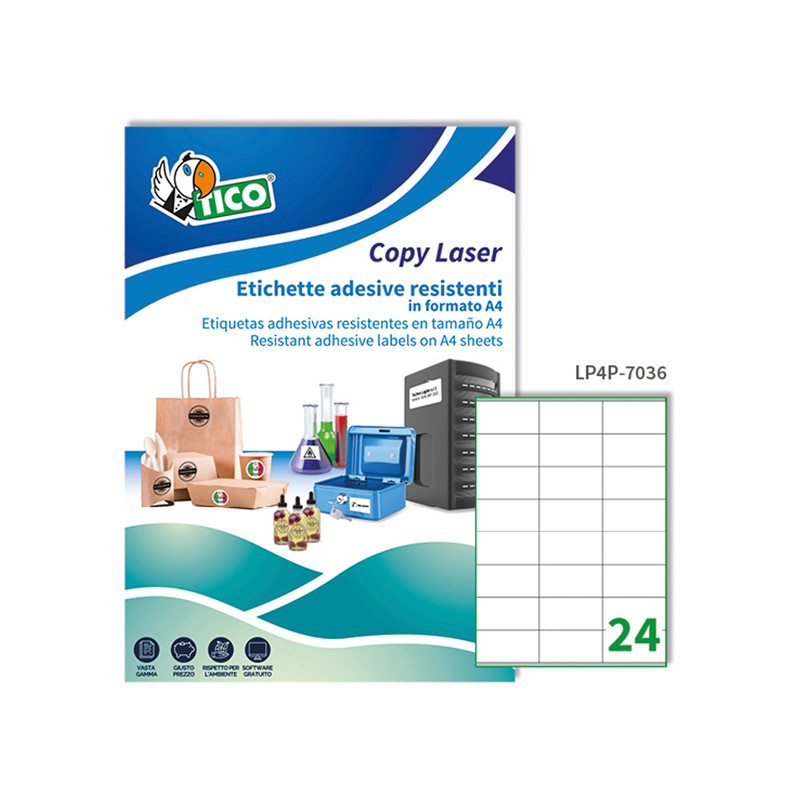 Etichette adesive in Poliestere LP4P bianco - Confezione da 70 fogli A4 - Etichette formato 70x36 (24 et/fg) - laser