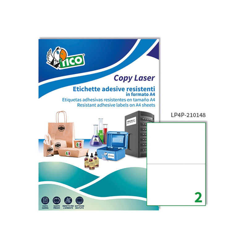 Etichette adesive in Poliestere LP4P bianco - Confezione da 70 fogli A4 - Etichette formato 210x148mm (2et/fg) - laser