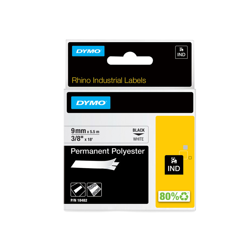 Nastro Rhino 18482 - 9 mm x 5,5 mt - poliestere - permanente - nero/bianco