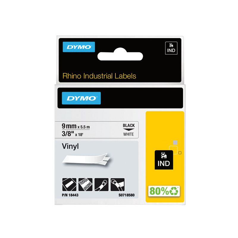 Nastro Rhino - 9 mm x 5,5 mt - vinile - permanente - nero/bianco