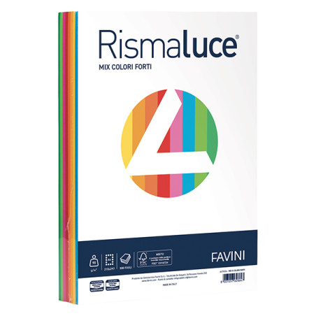 Carta RISMALUCE - Formato A4 - 90gr - Confezione da 300 Fogli Mix 8 Colori