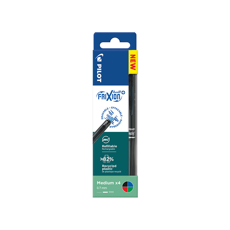 Astuccio da 4 penne a sfera a scatto Cancellabili FrixionBall+ - punta 0,7mm - colori assortiti