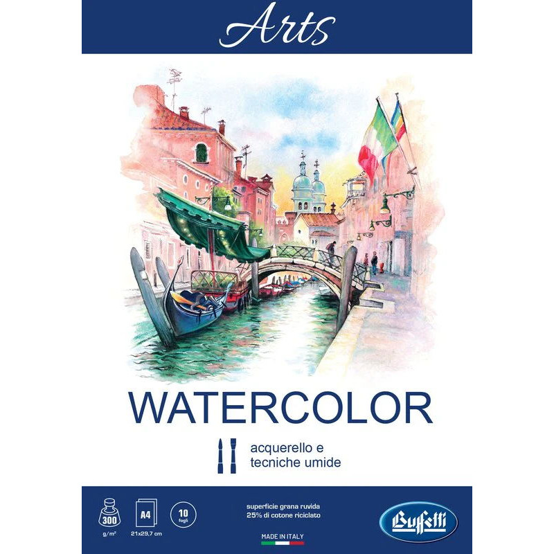 Blocco Watercolor linea ARTS - collato - Formato 21x29,7 cm - ruvido - 10 fogli da 300 g