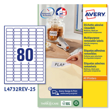 Etichetta adesiva L4732REV bianca rimovibili Laser - Confezione da 25 Fogli A4 - Formato Etichette 35,6x16,9 (80et/fg)