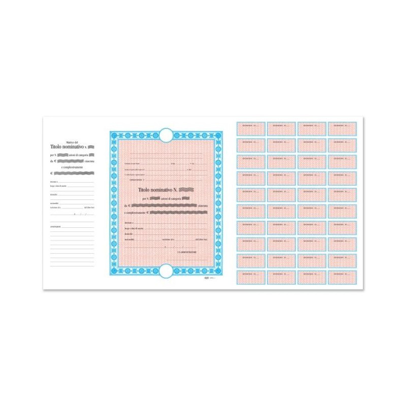 Azioni - Certificati azionari nominativi - Blocco 20 fogli - 3 tagliandi - 34x63 cm