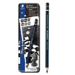Astuccio in metallo con 6 matite Mars Lumograph BLACK - 4 Gradazioni