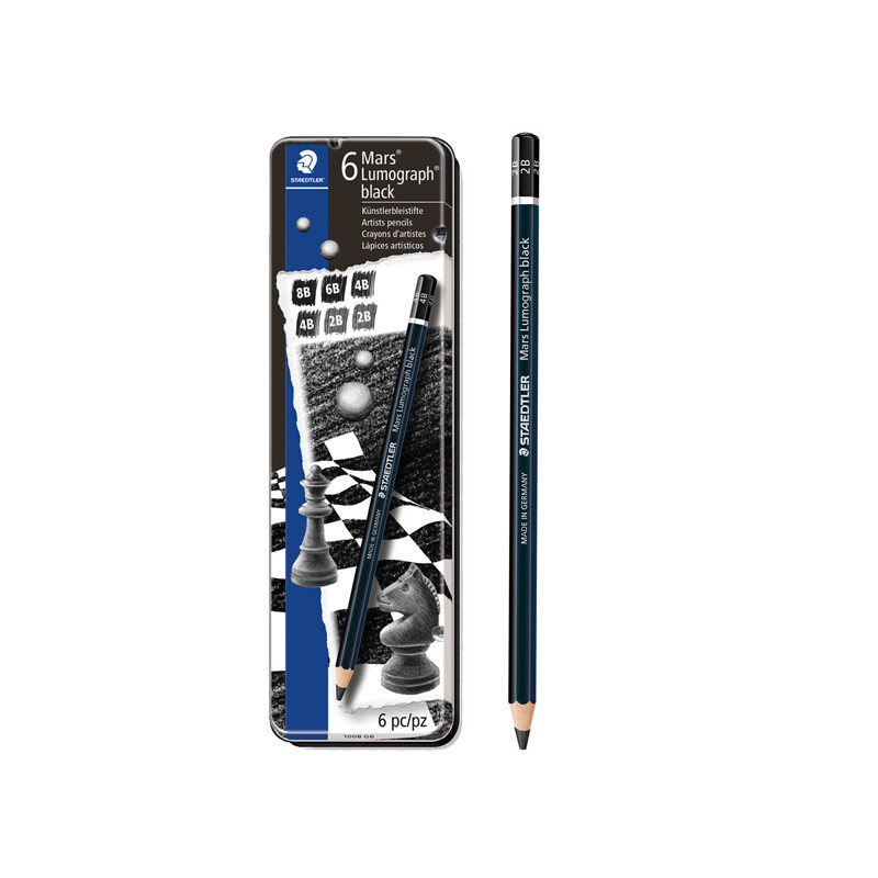 Astuccio in metallo con 6 matite Mars Lumograph BLACK - 4 Gradazioni