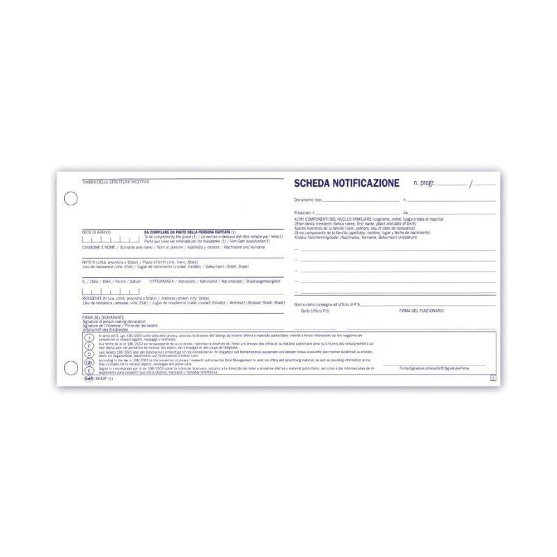 Schede di notificazione persone alloggiate con consenso privacy - Snap out a 2 copie autoricalcanti - 10x23 cm