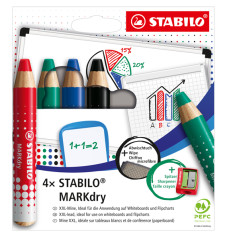 Astuccio 4 Matitoni per Lavagne Markdry - con Temperino e Panno Microfibra
