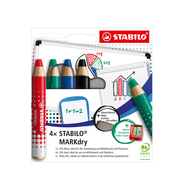 Astuccio 4 Matitoni per Lavagne Markdry - con Temperino e Panno Microfibra