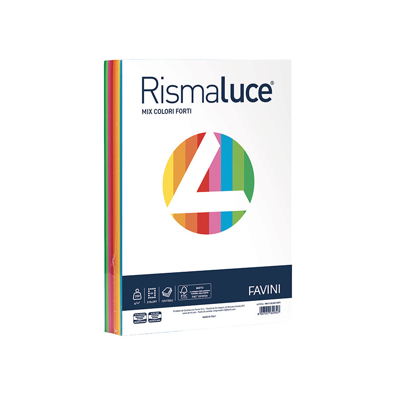 Carta RISMALUCE - Formato A4 - 200gr - Confezione da 125 Fogli Mix 8 Colori